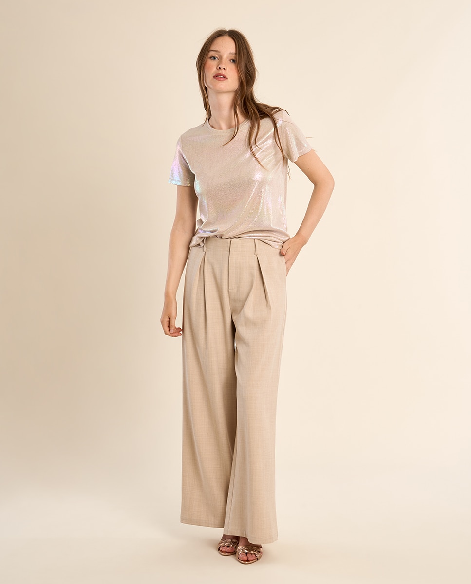 Camiseta de mujer de manga corta en tejido brillante - Molly Bracken - Beige Beige-1