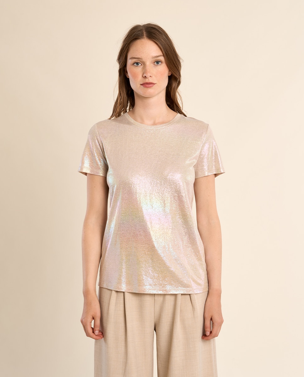 Camiseta de mujer de manga corta en tejido brillante - Molly Bracken - Beige Beige-2