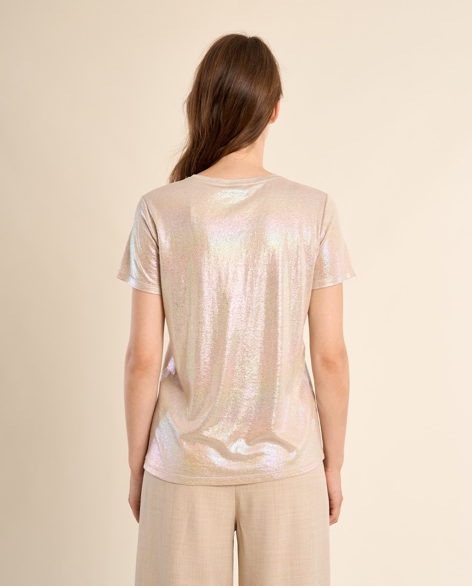 Camiseta de mujer de manga corta en tejido brillante - Molly Bracken - Beige Beige-3