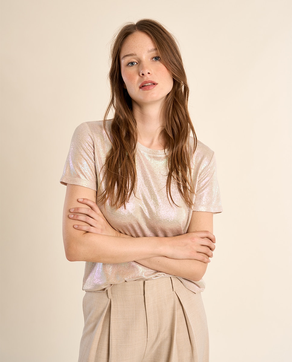 Camiseta de mujer de manga corta en tejido brillante - Molly Bracken - Beige Beige-4