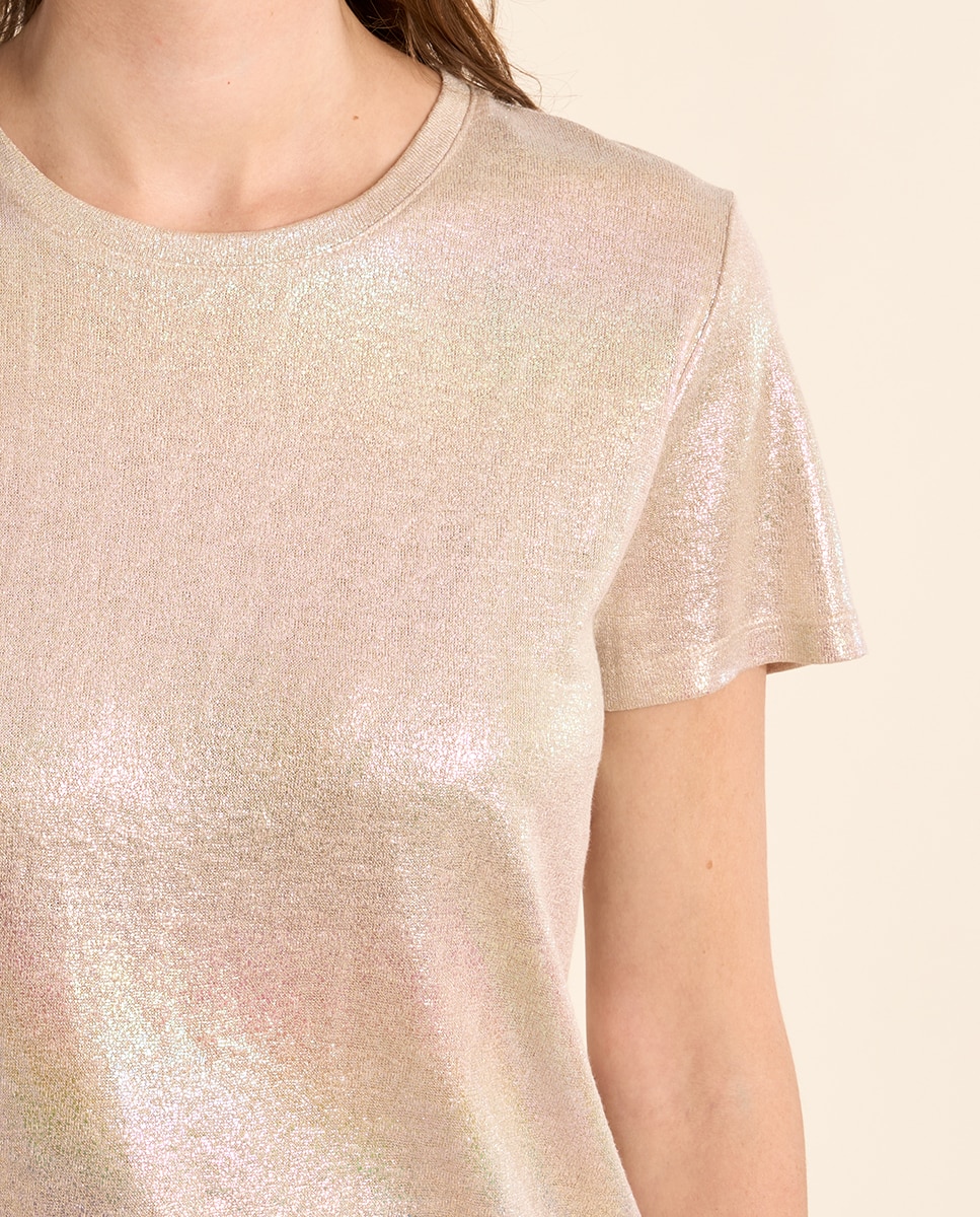 Camiseta de mujer de manga corta en tejido brillante - Molly Bracken - Beige Beige-5