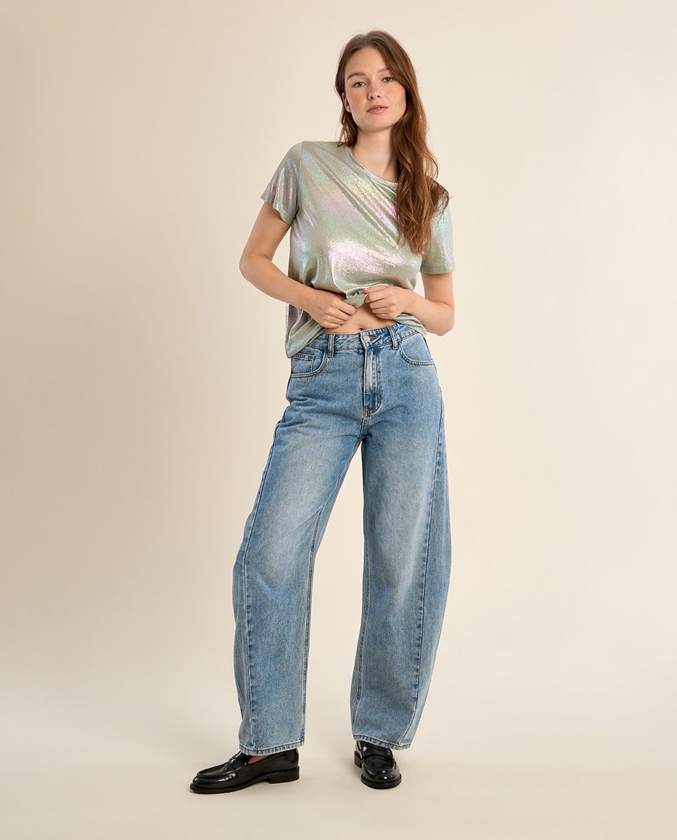 Camiseta de mujer de manga corta en tejido brillante - Molly Bracken - Plateado Plateado-1