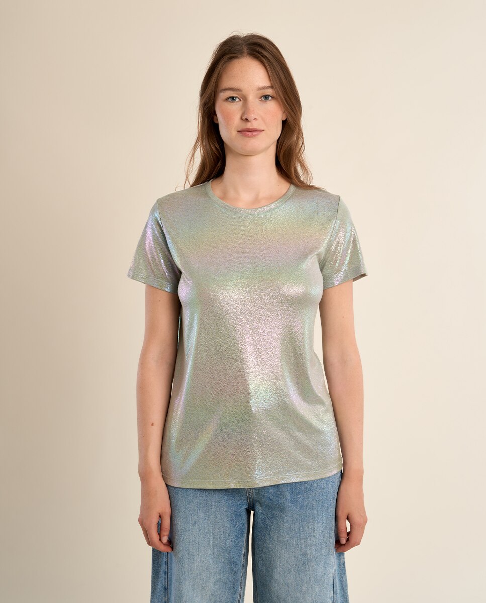Camiseta de mujer de manga corta en tejido brillante - Molly Bracken - Plateado Plateado-2
