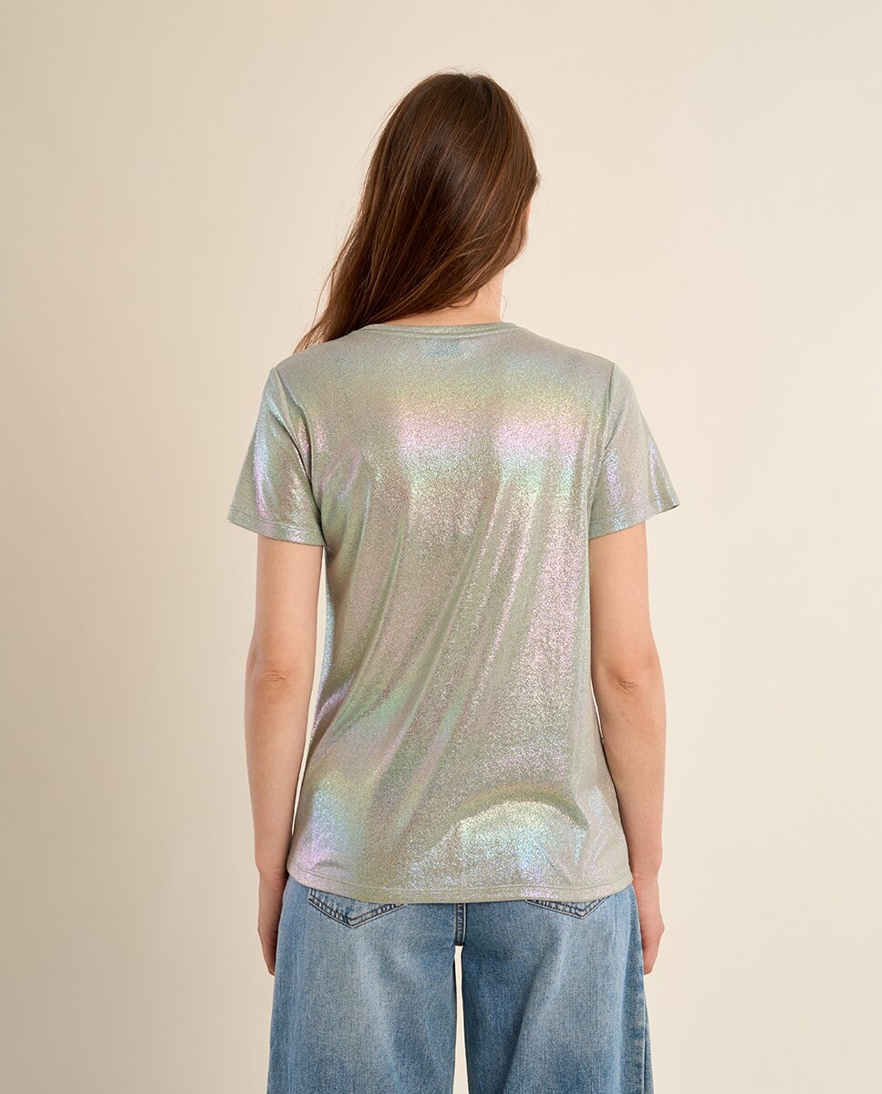 Camiseta de mujer de manga corta en tejido brillante - Molly Bracken - Plateado Plateado-3