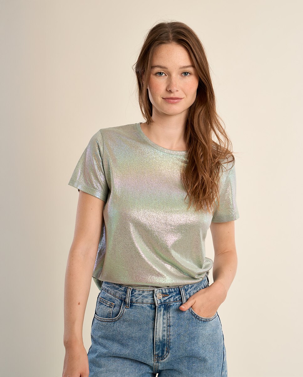 Camiseta de mujer de manga corta en tejido brillante - Molly Bracken - Plateado Plateado-4