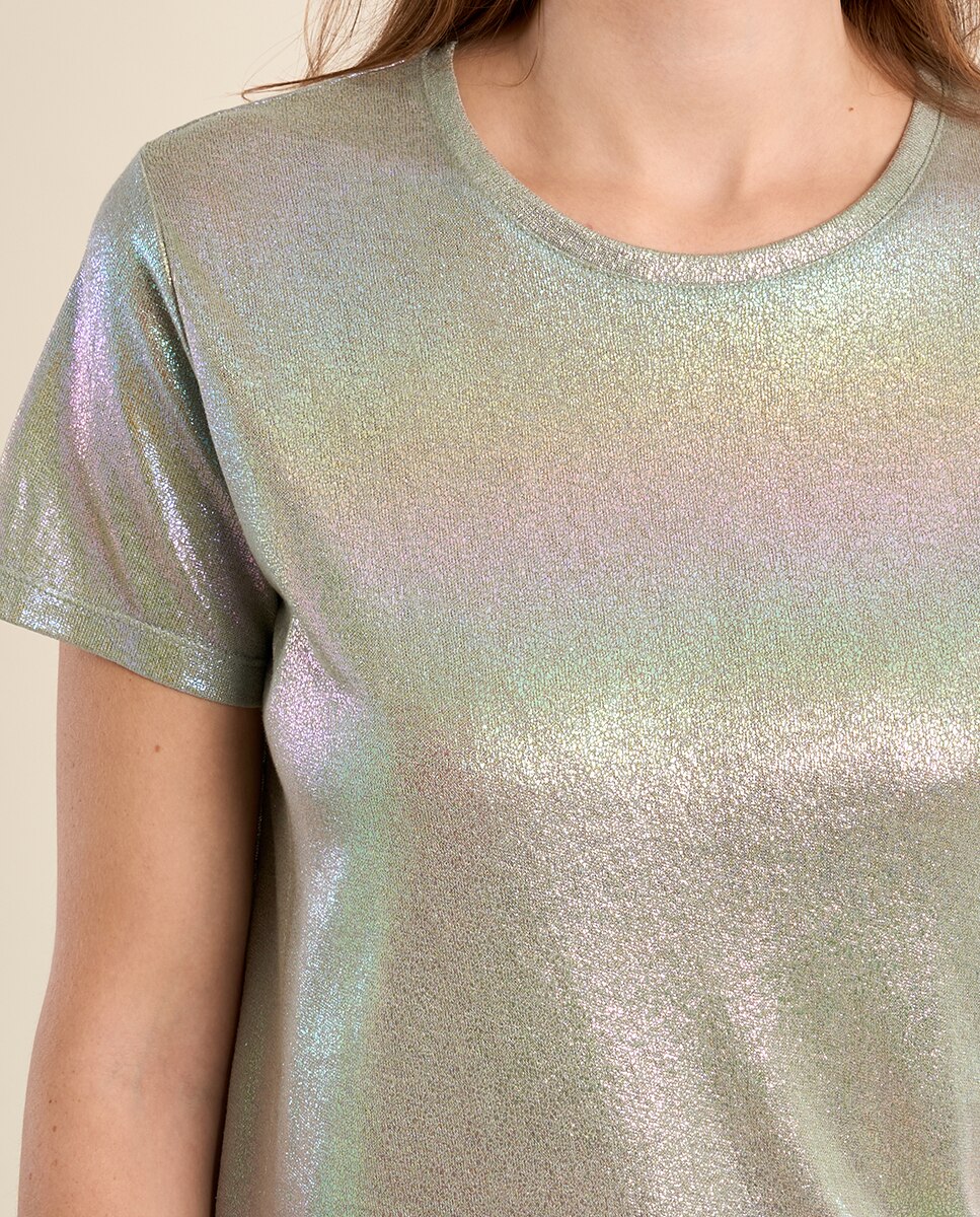 Camiseta de mujer de manga corta en tejido brillante - Molly Bracken - Plateado Plateado-5
