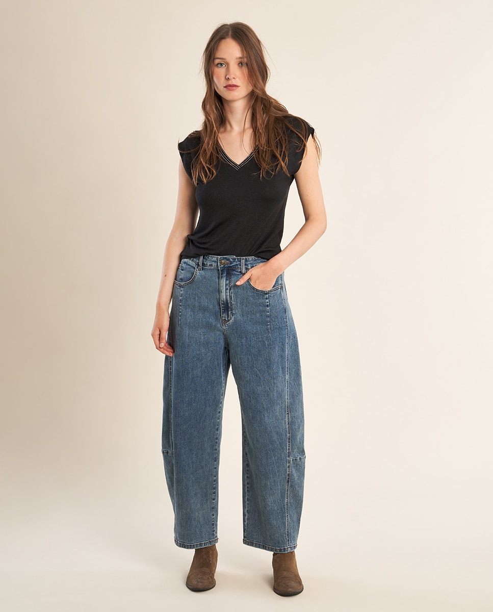 Camiseta de mujer de manga corta detalle ribete - Molly Bracken - Negro Negro-1
