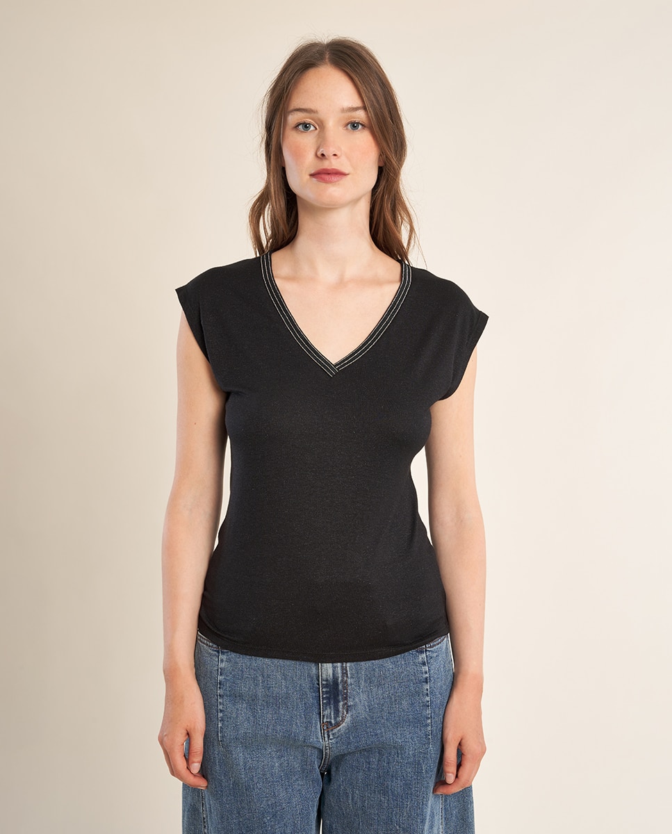 Camiseta de mujer de manga corta detalle ribete - Molly Bracken - Negro Negro-2