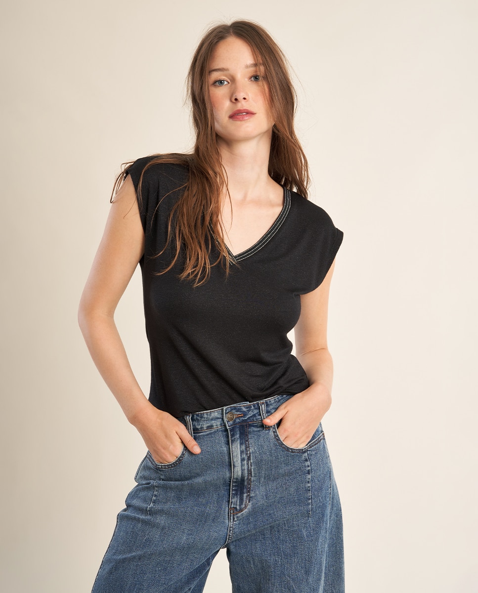 Camiseta de mujer de manga corta detalle ribete - Molly Bracken - Negro Negro-4