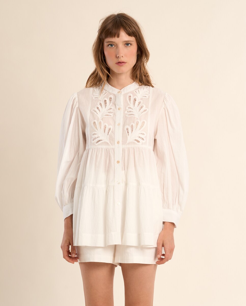 Camisa de mujer de manga larga volantes y flores - Molly Bracken - Crudo Crudo-2