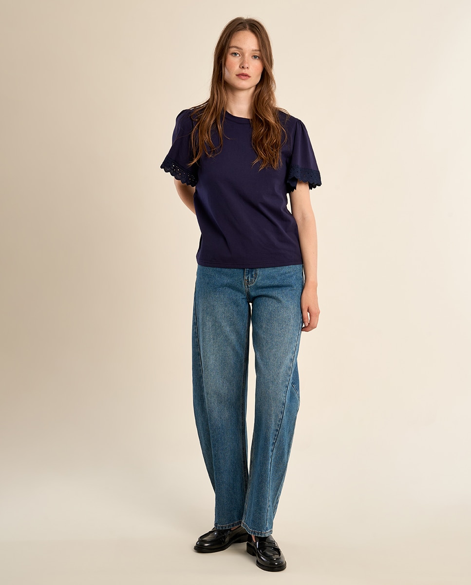 Camiseta de mujer de manga corta detalles bordados - Molly Bracken - Azul marino Azul marino-1