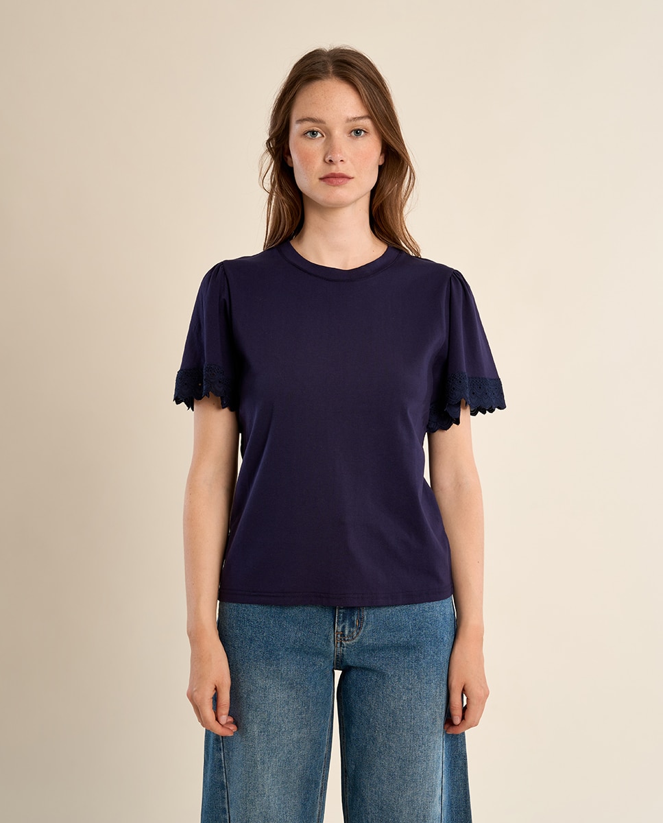 Camiseta de mujer de manga corta detalles bordados - Molly Bracken - Azul marino Azul marino-2