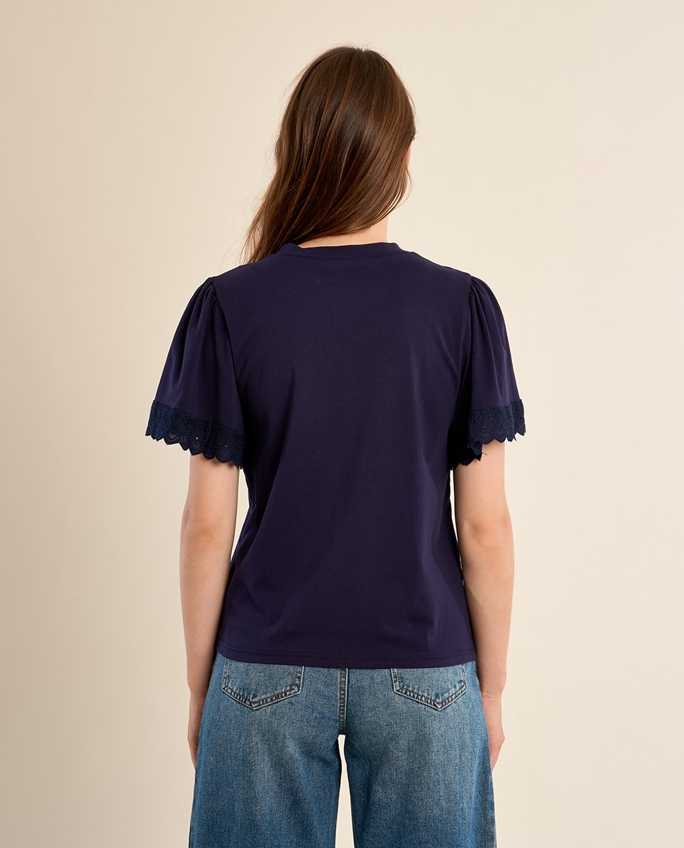 Camiseta de mujer de manga corta detalles bordados - Molly Bracken - Azul marino Azul marino-3