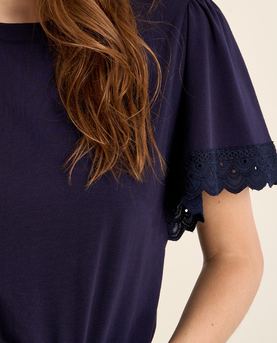Camiseta de mujer de manga corta detalles bordados - Molly Bracken - Azul marino Azul marino-5
