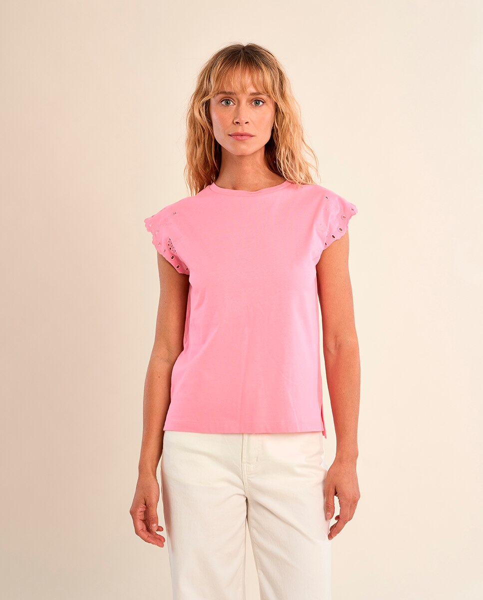 Camiseta de mujer de manga corta detalles bordados - Molly Bracken - Negro Rosa chicle-2