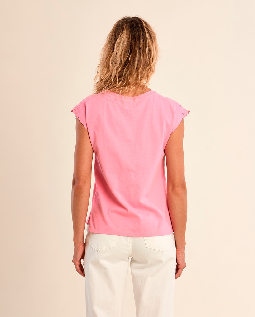 Camiseta de mujer de manga corta detalles bordados - Molly Bracken - Negro Rosa chicle-3