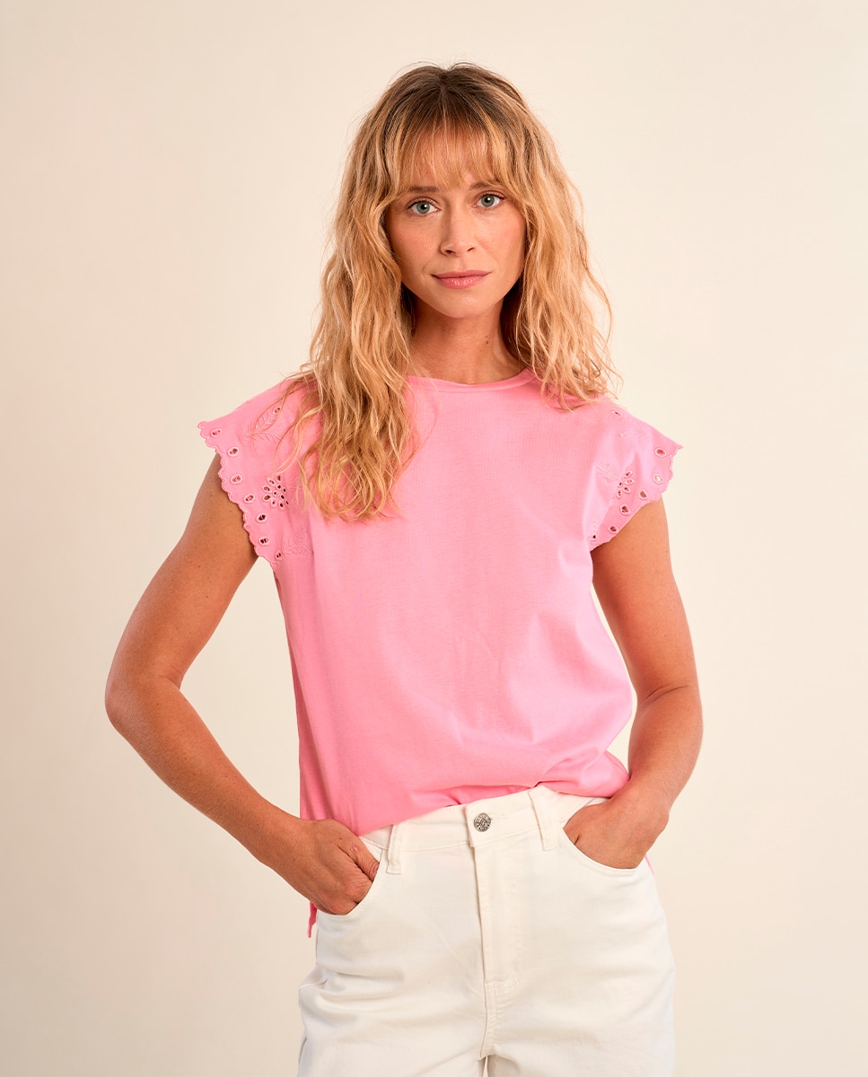 Camiseta de mujer de manga corta detalles bordados - Molly Bracken - Negro Rosa chicle-4