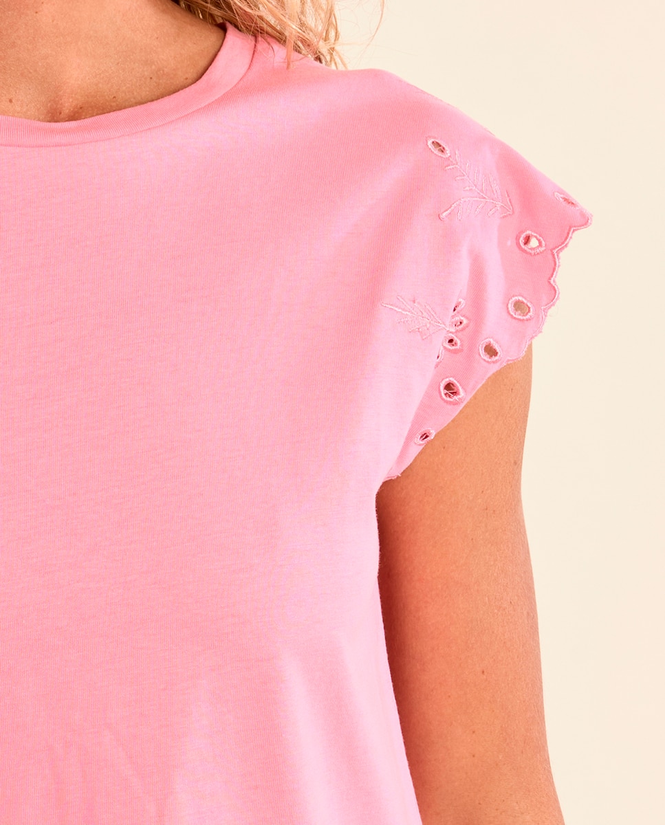 Camiseta de mujer de manga corta detalles bordados - Molly Bracken - Negro Rosa chicle-5