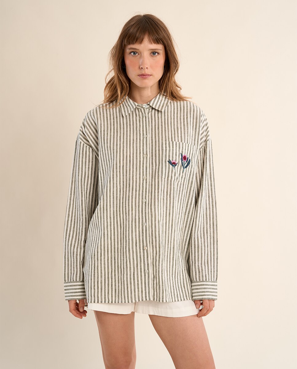 Camisa de mujer de manga larga estampado y flores - Molly Bracken - Kaki Kaki-2