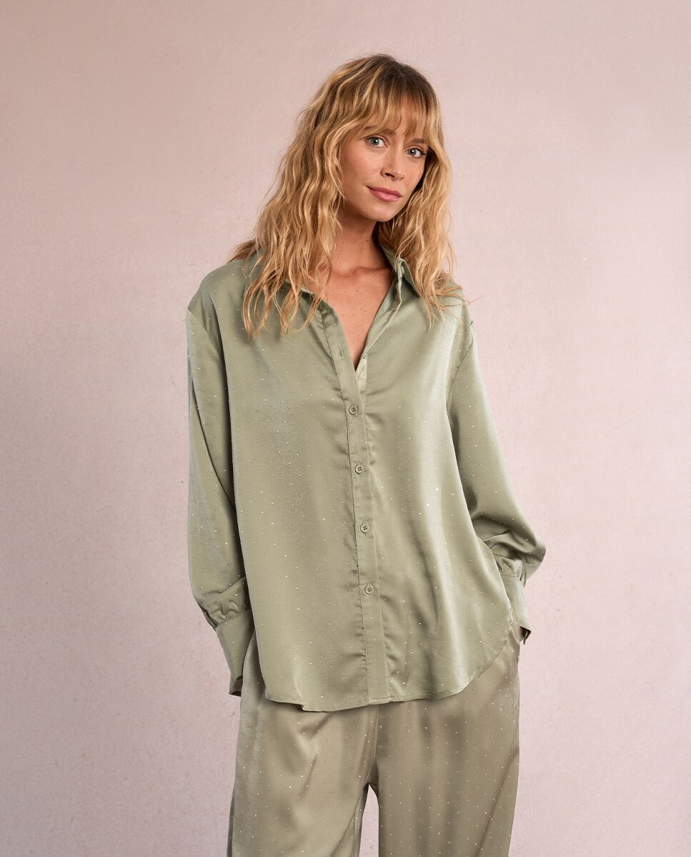 Camisa de mujer de manga larga abalorios brillantes - Molly Bracken - Kaki Kaki-4