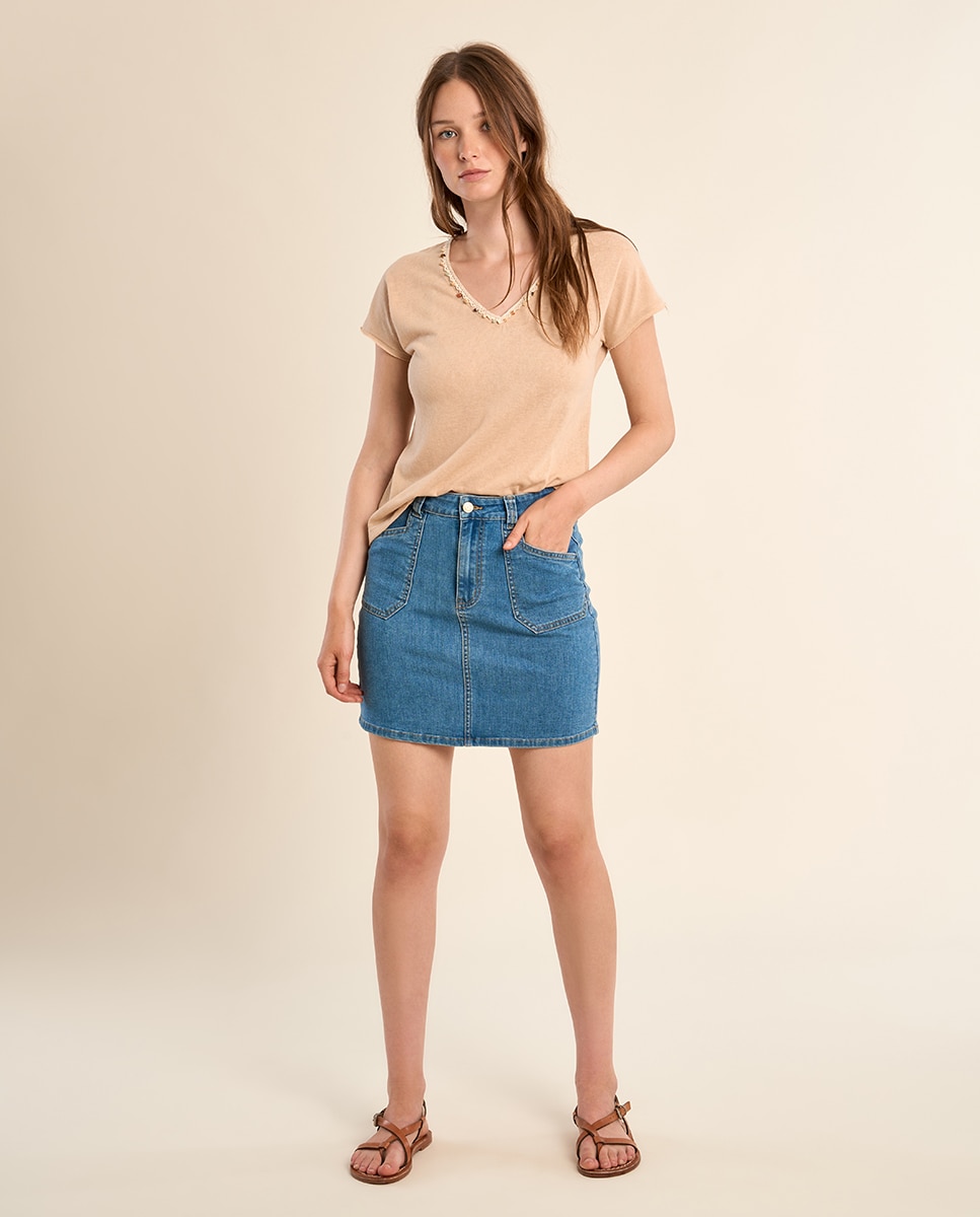 Camiseta de mujer de manga corta detalle abalorios - Molly Bracken - Beige Beige-1