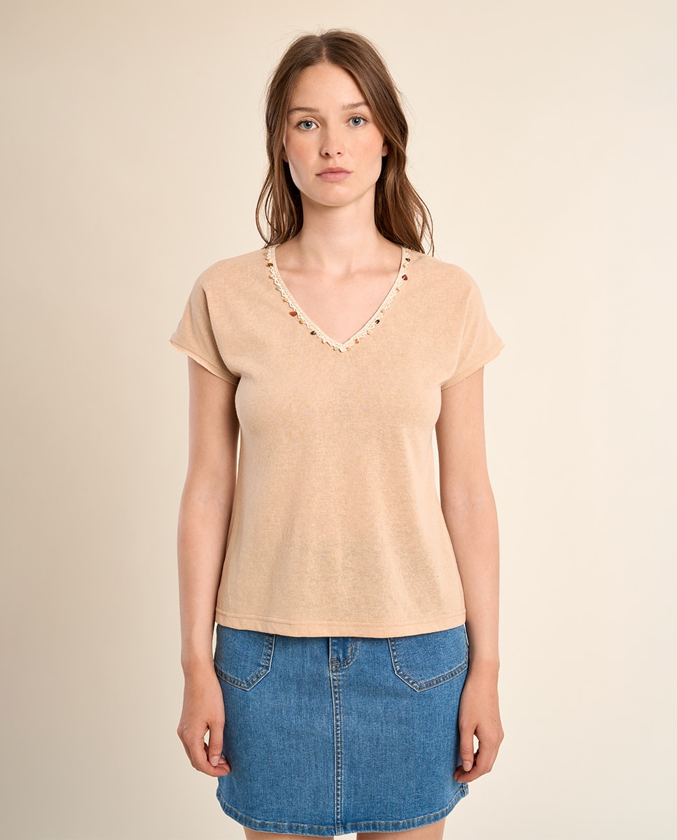 Camiseta de mujer de manga corta detalle abalorios - Molly Bracken - Beige Beige-2