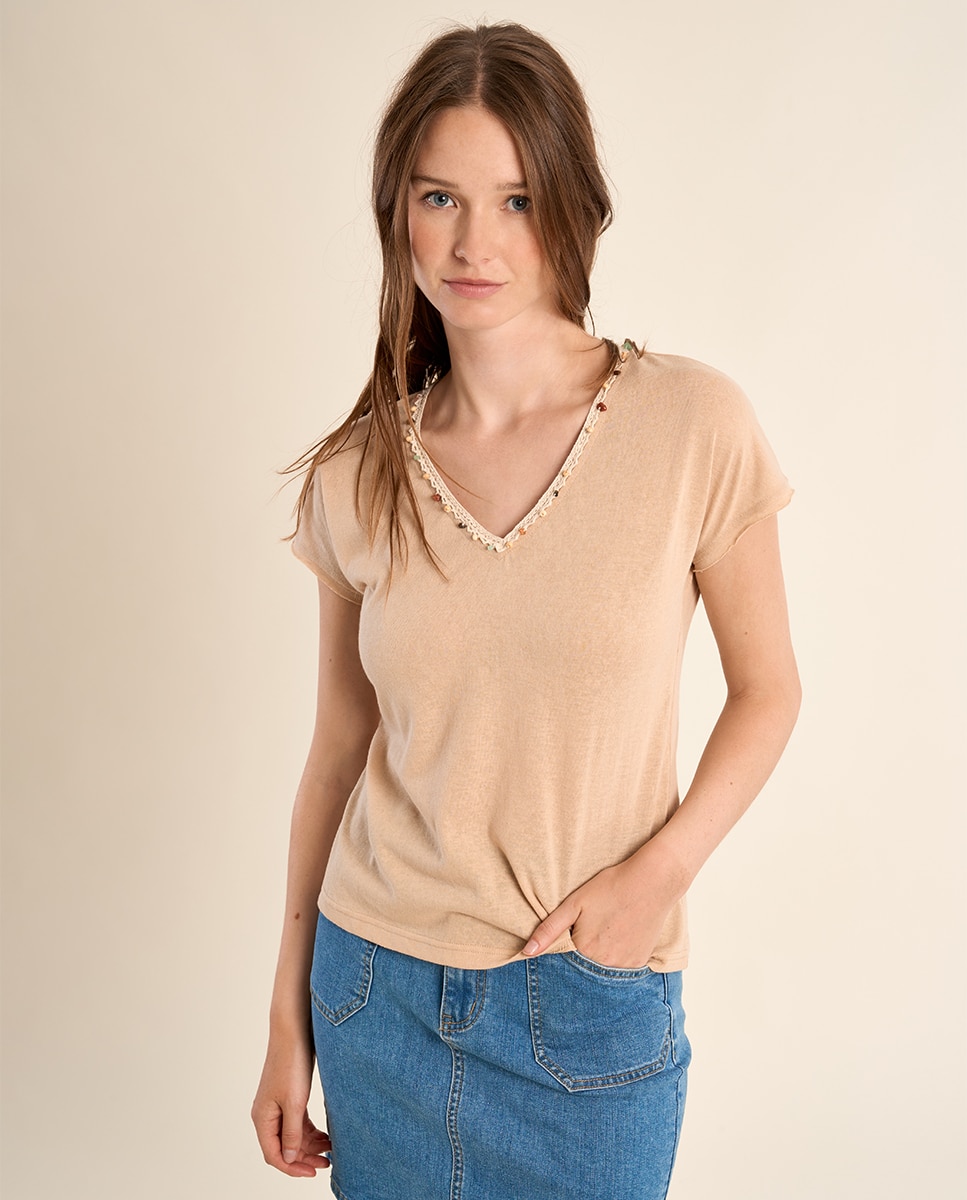 Camiseta de mujer de manga corta detalle abalorios - Molly Bracken - Beige Beige-4
