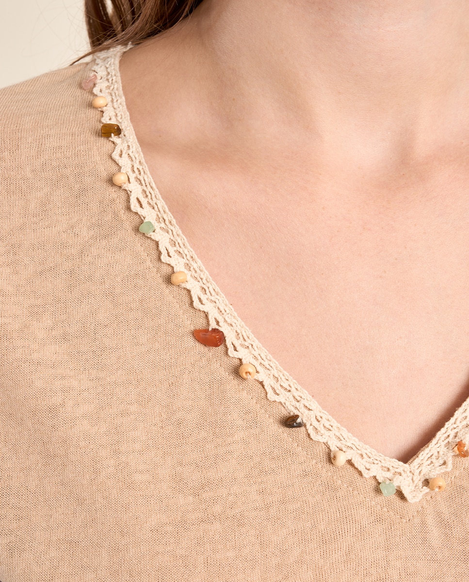 Camiseta de mujer de manga corta detalle abalorios - Molly Bracken - Beige Beige-5