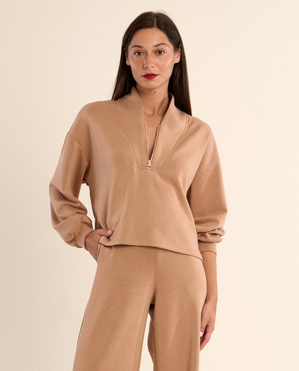 Sudadera de mujer de manga larga, cuello en v - Molly Bracken - Camel Camel-1