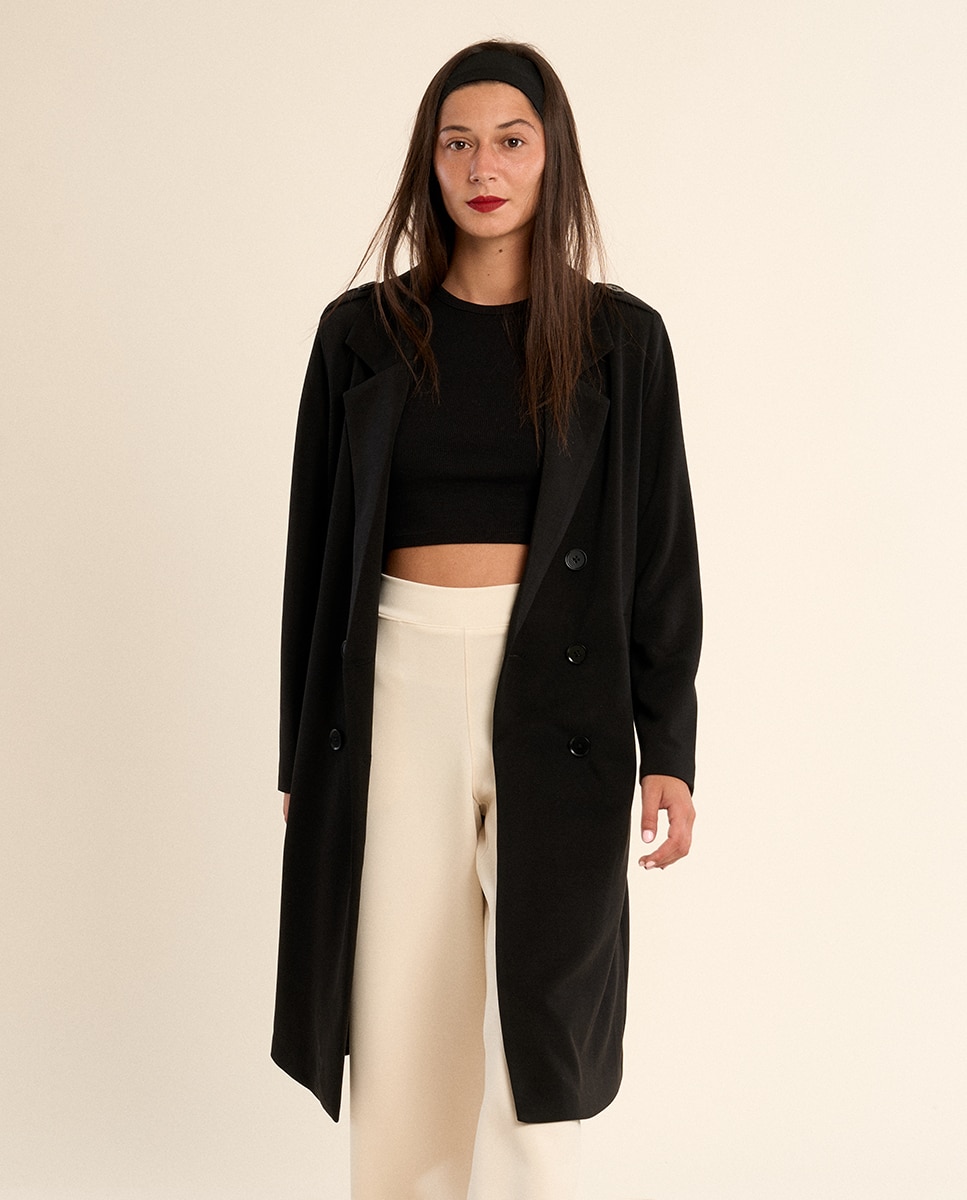 Abrigo de mujer largo, con cuello y solapa - Molly Bracken - Negro Negro-1