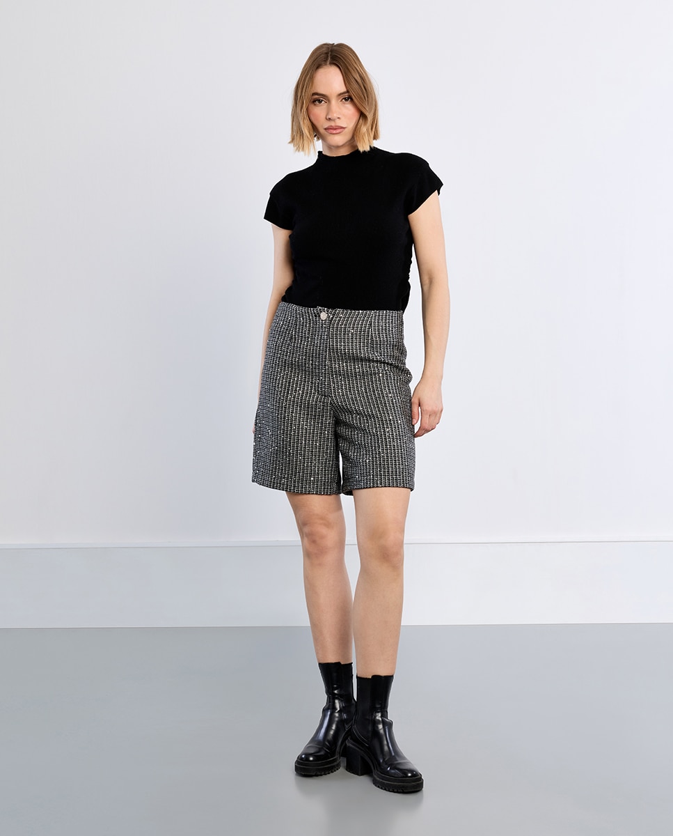Bermuda de mujer recta en tejido tweed - Lili Sidonio - Gris Gris-1