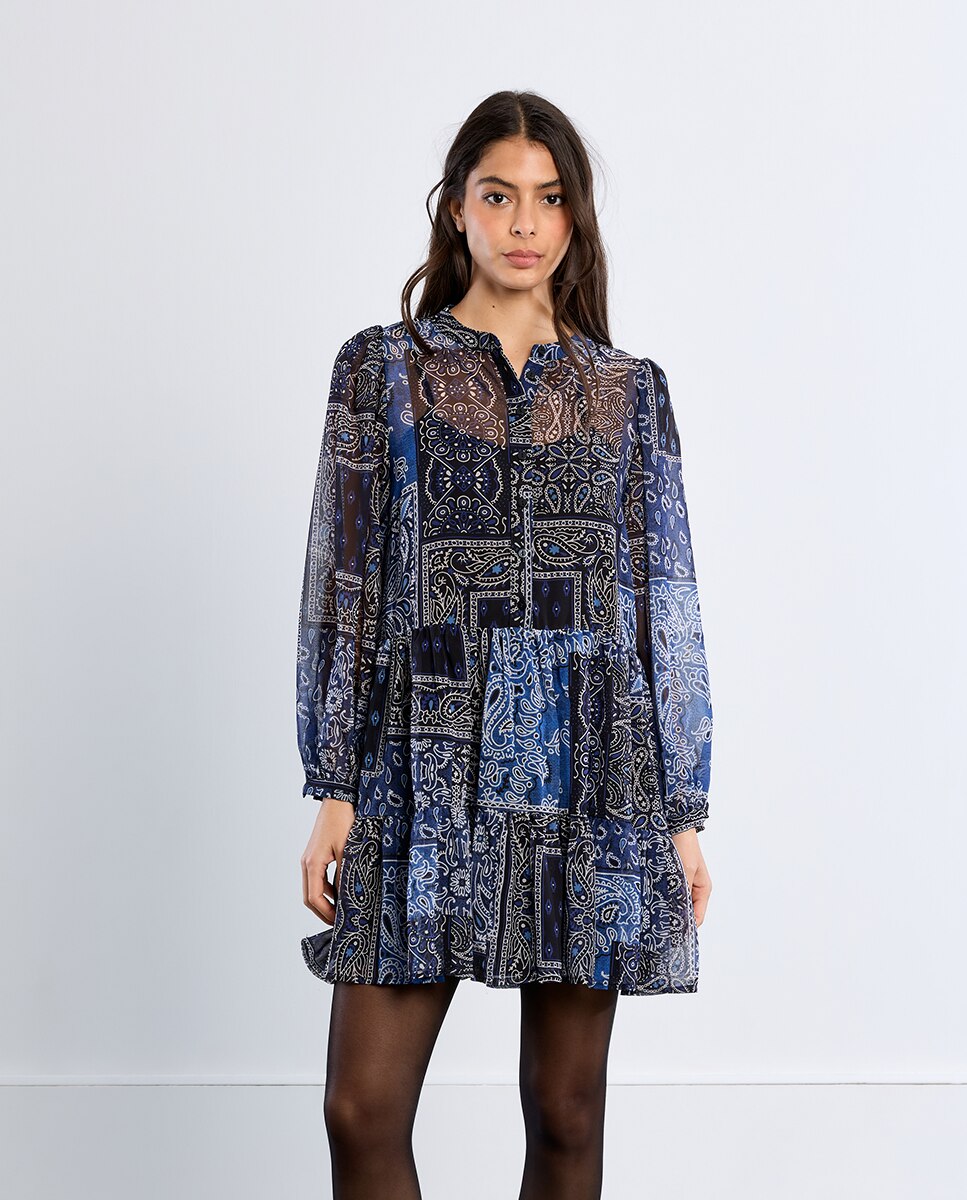 Vestido de manga larga estampado y volantes - Lili Sidonio - Azul marino Azul marino-2