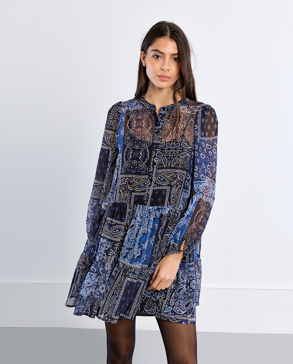 Vestido de manga larga estampado y volantes - Lili Sidonio - Azul marino Azul marino-3