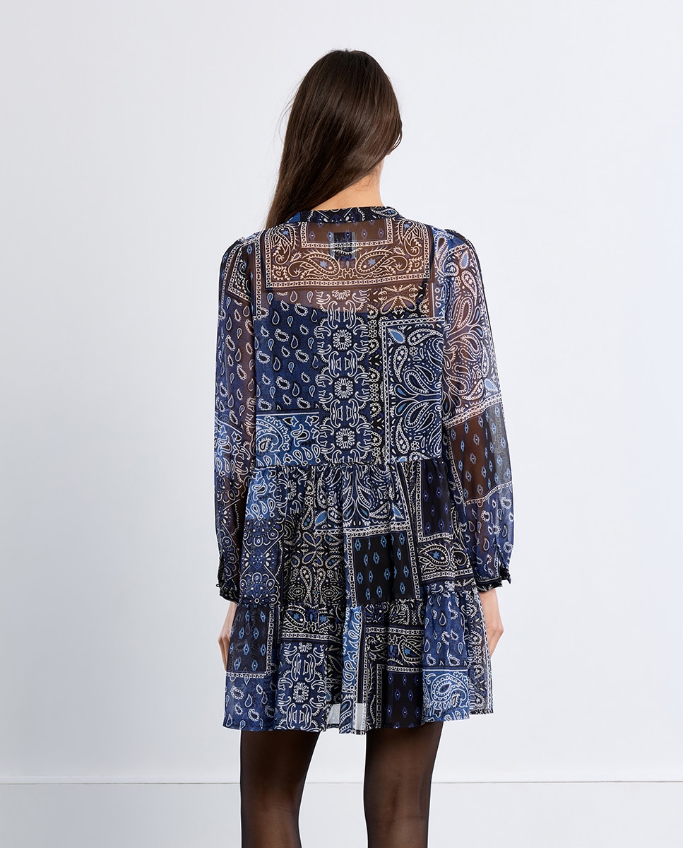 Vestido de manga larga estampado y volantes - Lili Sidonio - Azul marino Azul marino-4
