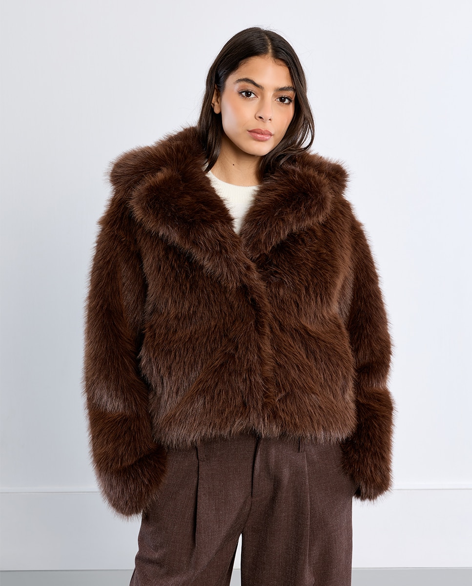 Chaqueta de mujer con cuello y solapa de peluche - Lili Sidonio - Marrón Marrón-2
