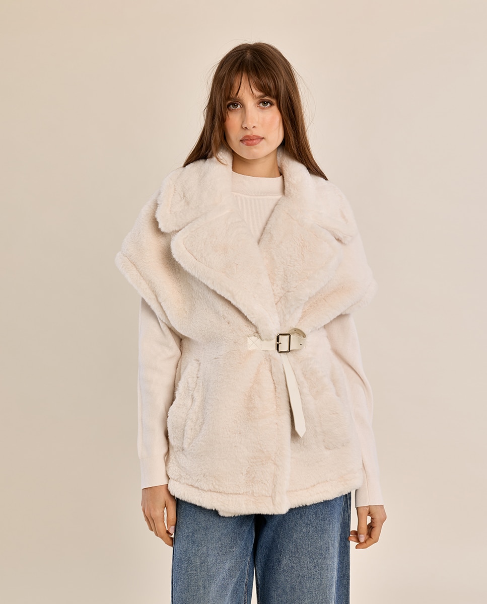 Chaleco de mujer de peluche con cuello y solapa - Molly Bracken - Crudo Crudo-2