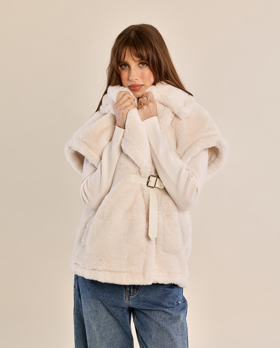 Chaleco de mujer de peluche con cuello y solapa - Molly Bracken - Crudo Crudo-3
