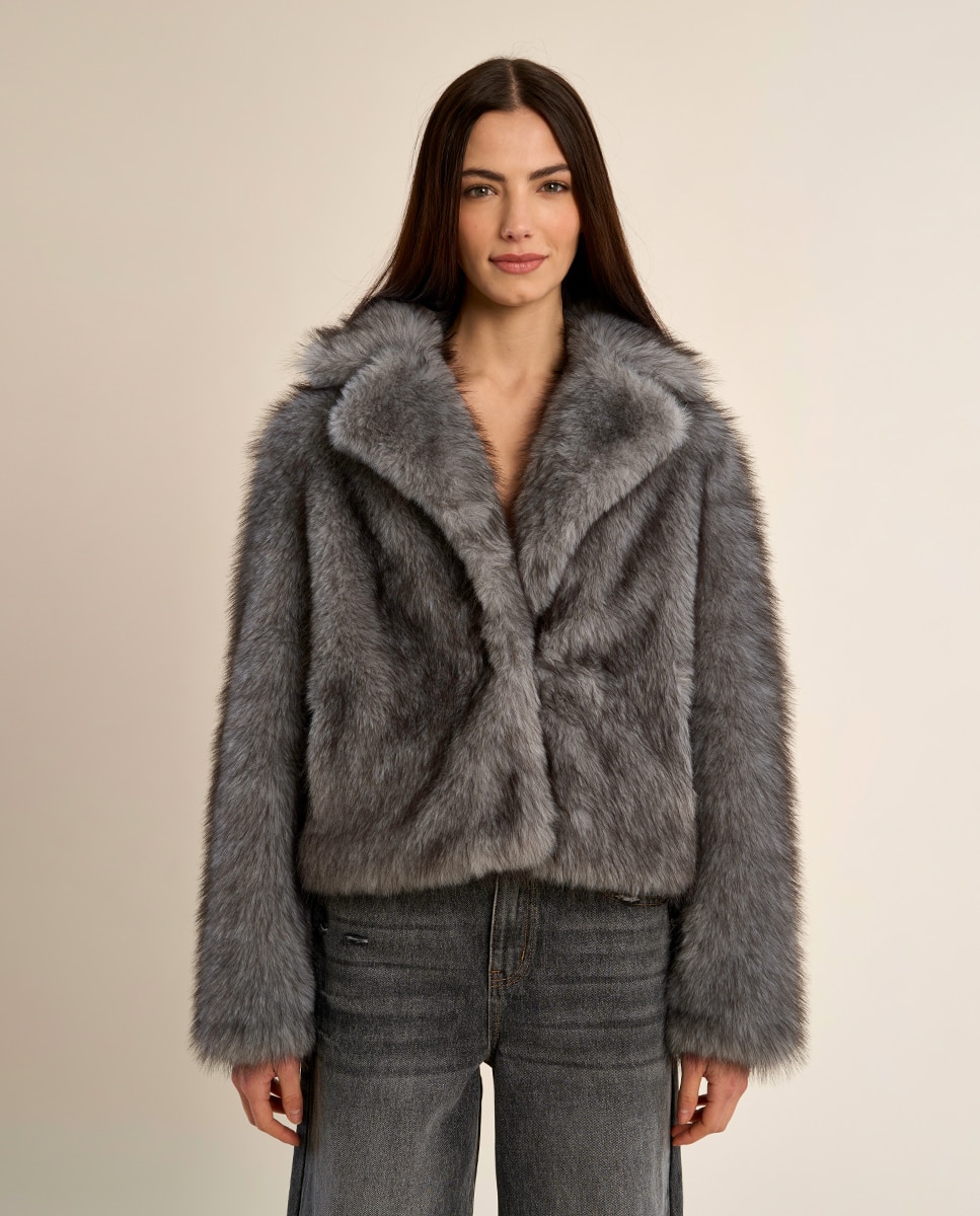 Abrigo de mujer de peluche con cuello y solapa - Molly Bracken - Gris Gris-2