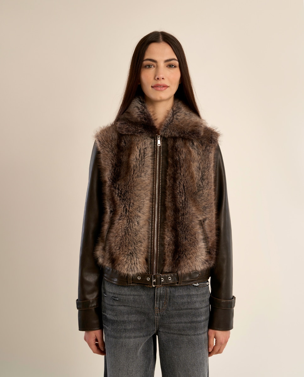 Chaqueta de mujer motera detalle peluche - Molly Bracken - Marrón chocolate Marrón chocolate-2