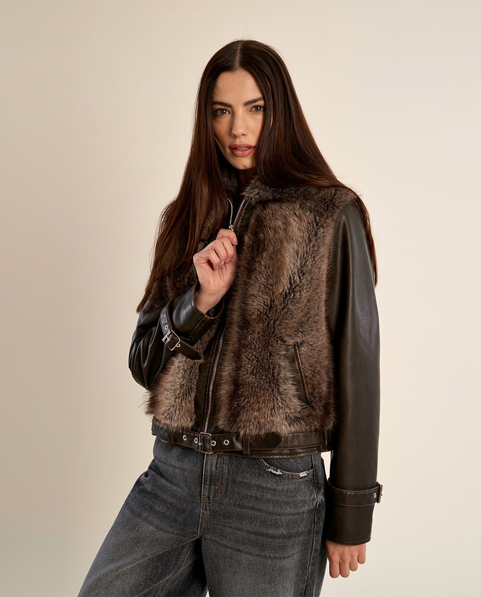 Chaqueta de mujer motera detalle peluche - Molly Bracken - Marrón chocolate Marrón chocolate-3