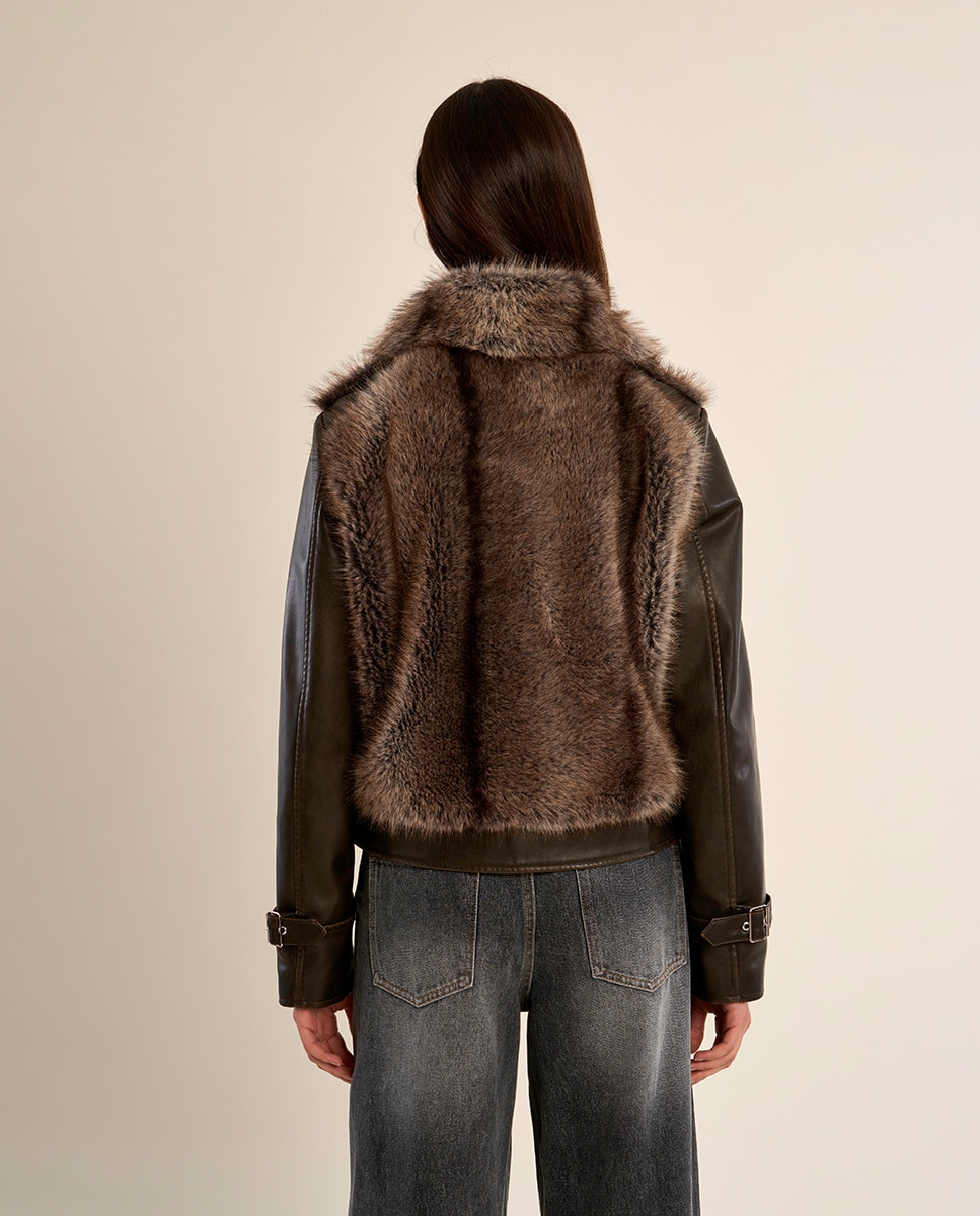 Chaqueta de mujer motera detalle peluche - Molly Bracken - Marrón chocolate Marrón chocolate-4
