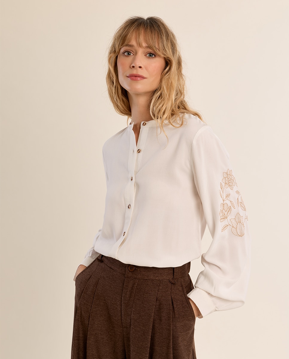 Camisa de mujer de manga larga detalle bordado - Molly Bracken - Crudo Crudo-3