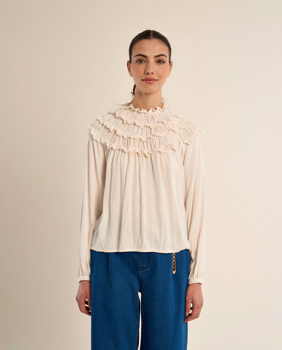 Imagen 2 de Blusa de mujer de manga larga detalle volantes - Molly Bracken - Crema Crema
