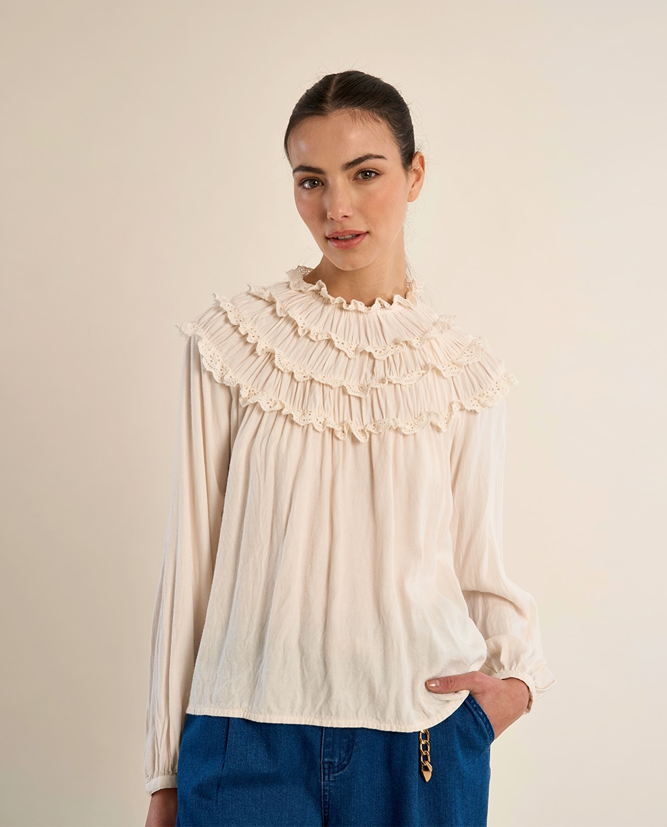 Imagen 3 de Blusa de mujer de manga larga detalle volantes - Molly Bracken - Crema Crema