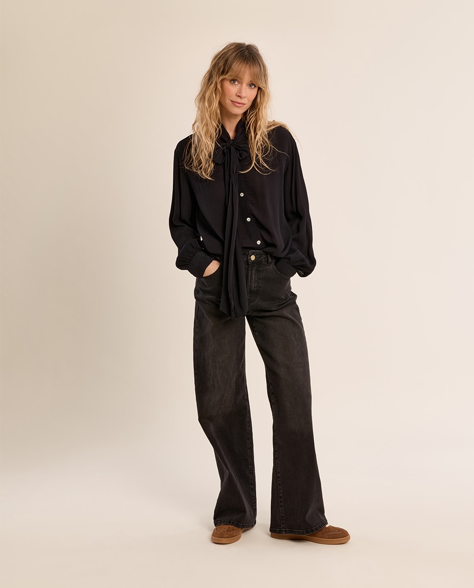 Camisa de mujer de manga larga con lazada - Molly Bracken - Negro Negro-1