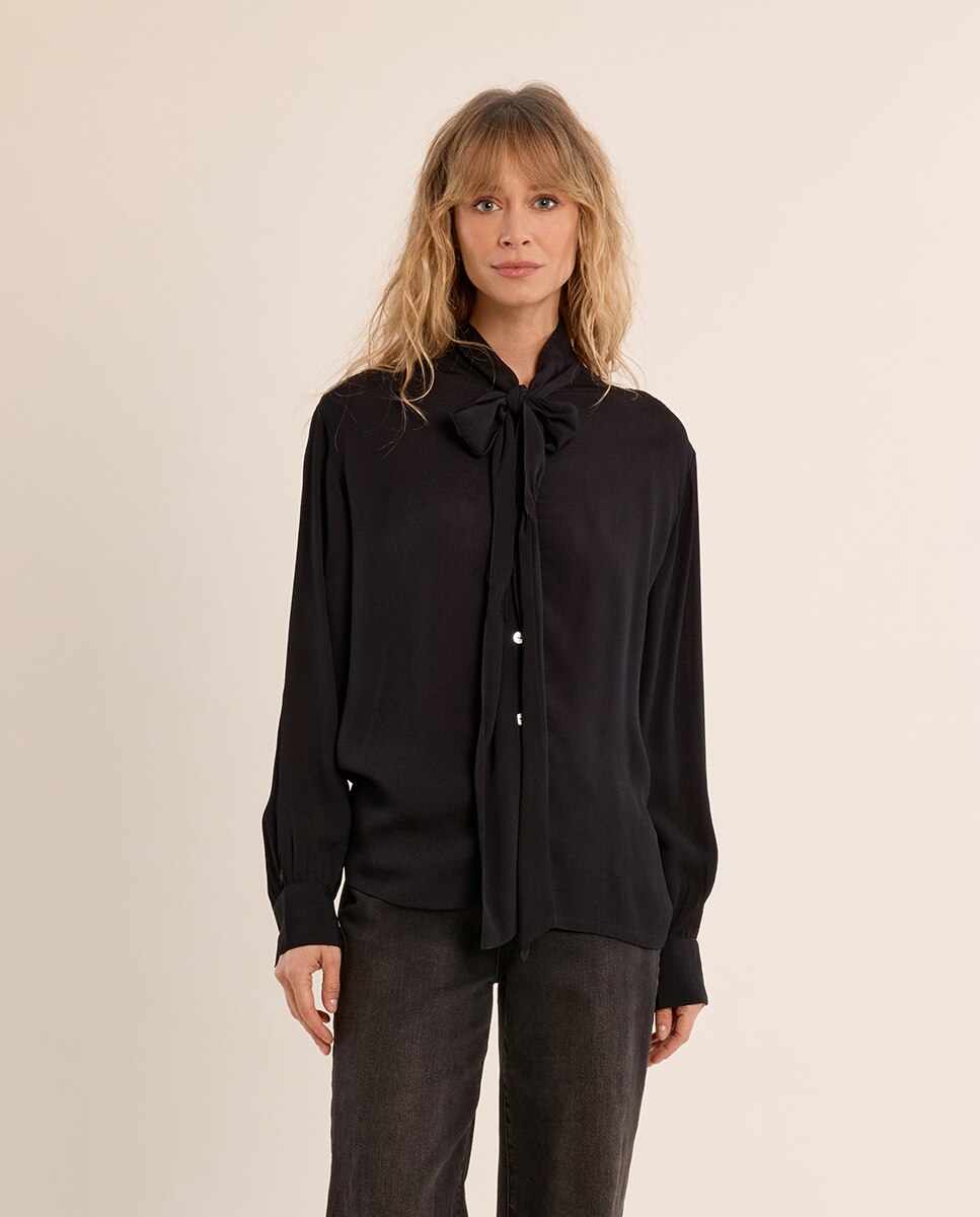 Camisa de mujer de manga larga con lazada - Molly Bracken - Negro Negro-2