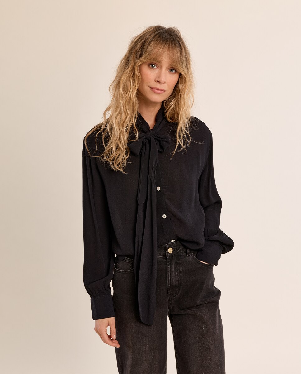 Camisa de mujer de manga larga con lazada - Molly Bracken - Negro Negro-3