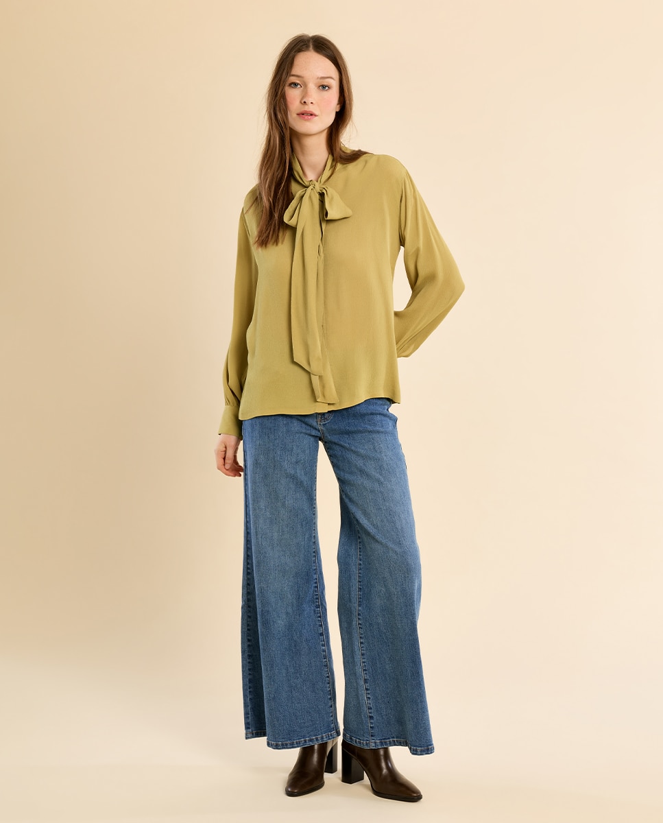 Camisa de mujer de manga larga con lazada - Molly Bracken - Verde Verde-1