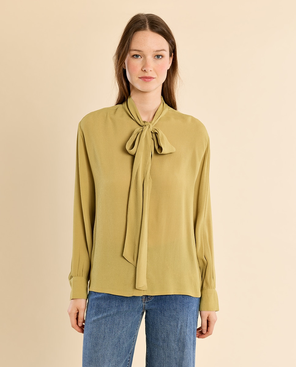 Camisa de mujer de manga larga con lazada - Molly Bracken - Verde Verde-2