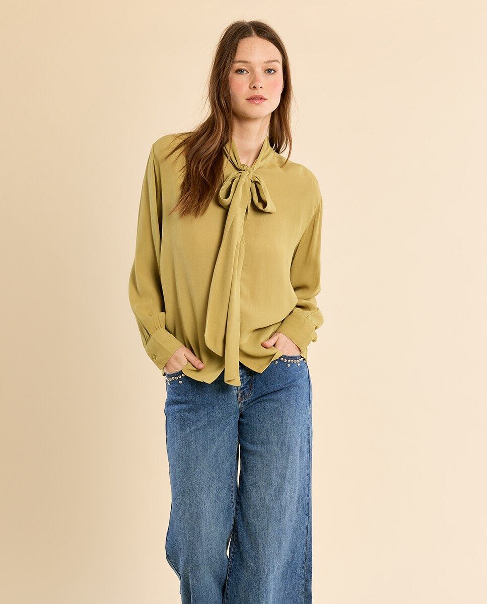 Camisa de mujer de manga larga con lazada - Molly Bracken - Verde Verde-3